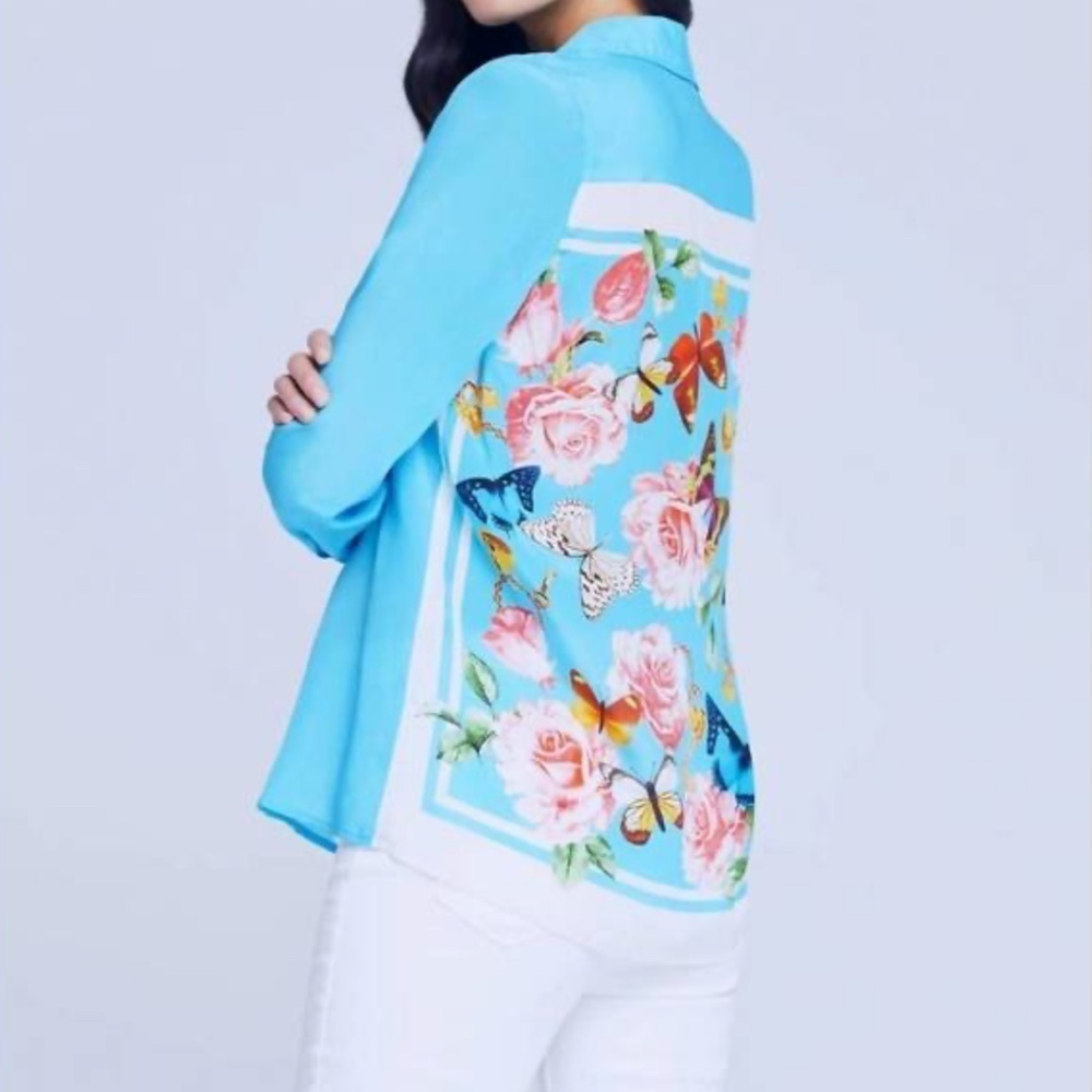 NEW L'AGENCE GIO SILK BLOUSE - AQUA MULTI BUTTERFLY SCARF / Medium
